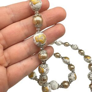 Vintage Necklace Bracelet Set In Ceramic Beaded Silvertone Floral Gold  Flower
